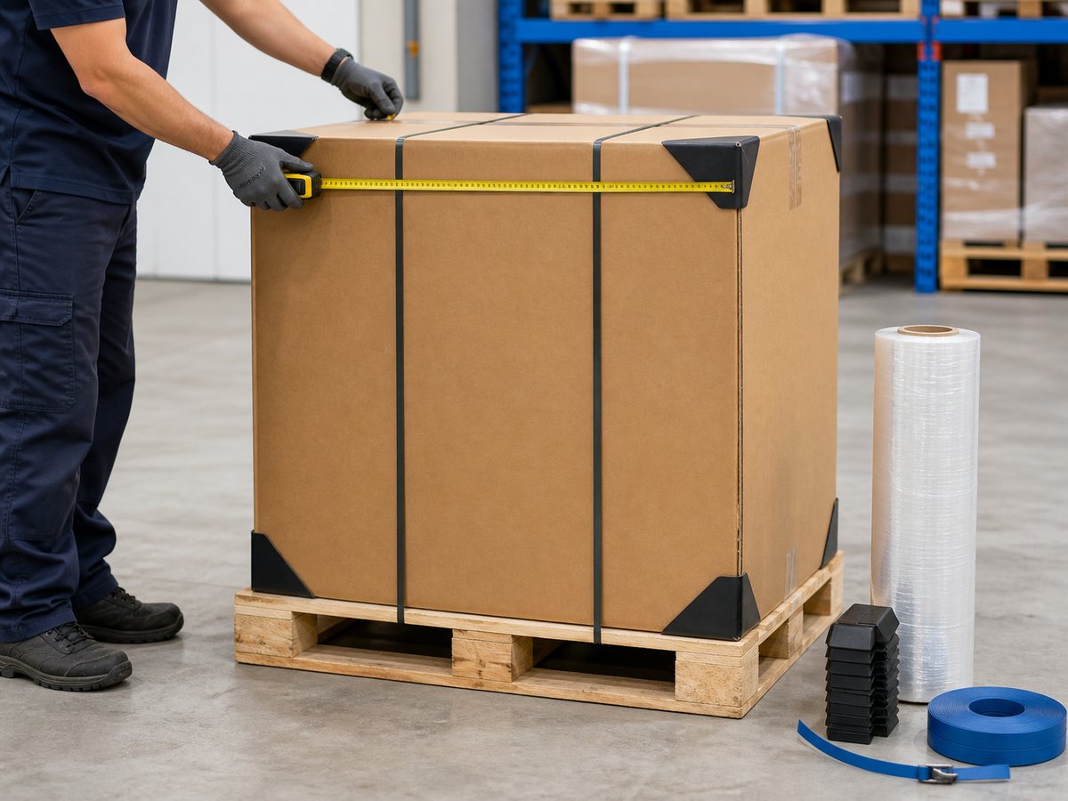 Kiện carton cỡ lớn được gia cố và đo kích thước trước khi vận chuyển