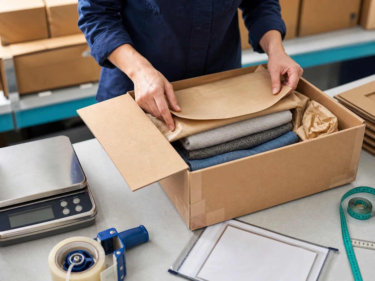 Nhân viên chuẩn bị giấy bảo vệ và đóng gói quần áo trong thùng carton